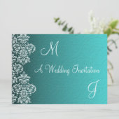 Damask Turquoise Wedding Invitation Kaart (Staand voorkant)