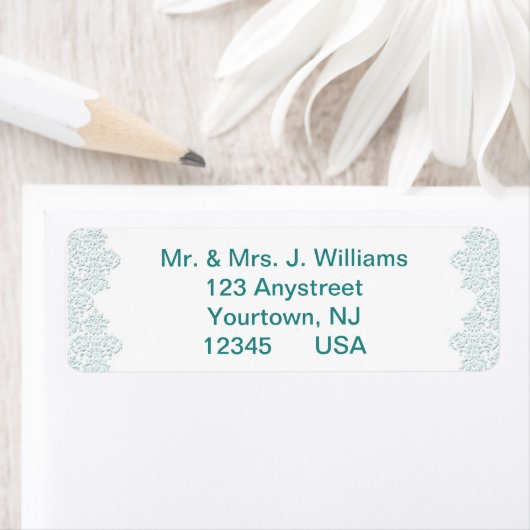Damask Turquoise Wedding Return Label (Insitu)