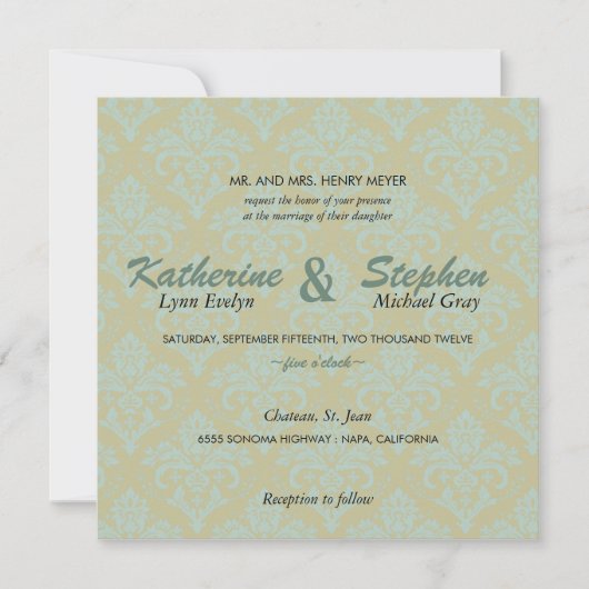 Damask -vert et faire-part de mariage turquoise (Devant)