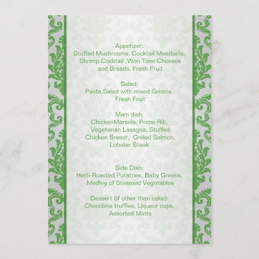 Damask vert pomme couleur Menu Mariage (Dos)