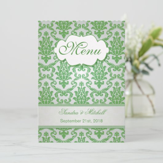 Damask vert pomme couleur Menu Mariage (Debout devant)