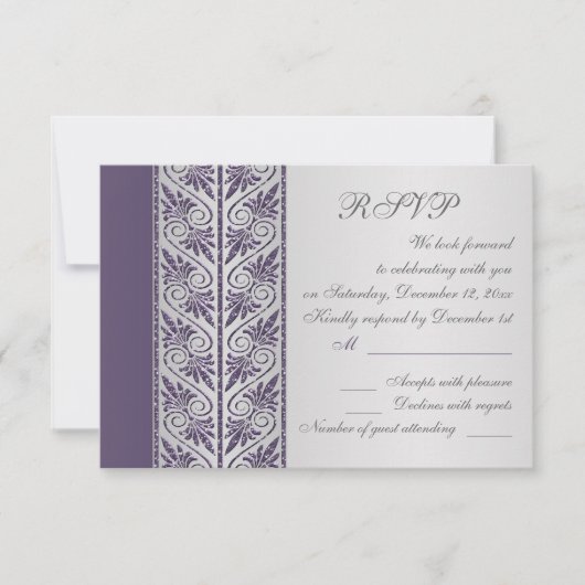 Damask violet sur argent Mariage Anniversaire RSVP (Devant)