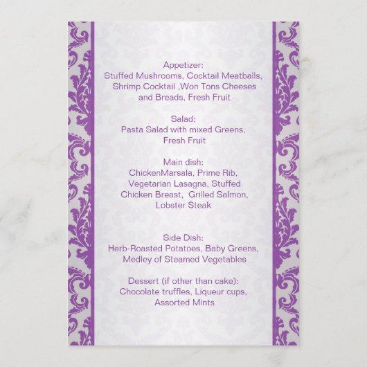 Damask violet sur le Mariage argenté Menu (Dos)