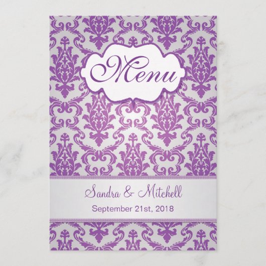 Damask violet sur le Mariage argenté Menu (Devant)