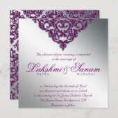 Damask Wedding Glitter Silver Paars Bright Kaart (Voorkant / Achterkant)
