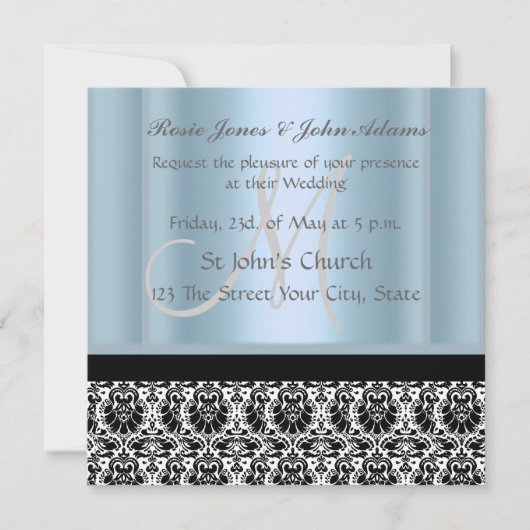 Damask Wedding Invitation Black and Sky Blue Kaart (Voorkant)