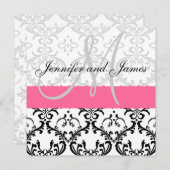 Damask Wedding Invitation Monogram Pink Kaart (Voorkant / Achterkant)