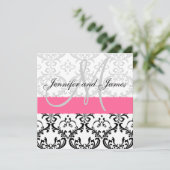 Damask Wedding Invitation Monogram Pink Kaart (Staand voorkant)