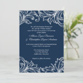  Damask Wedding Invitation Navy Blue White Kaart (Staand voorkant)