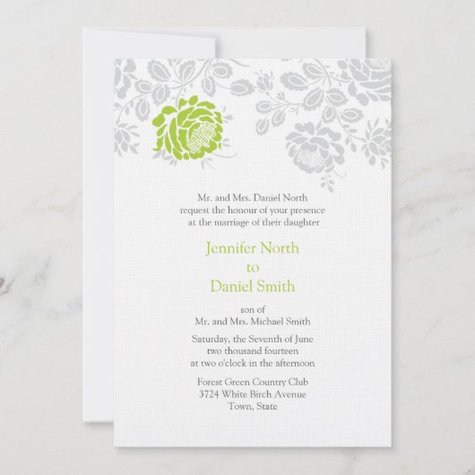 Damask Wedding Invitations Limoen en Grey Kaart (Voorkant)