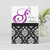 Damask Wedding Invitations Paarse Monogrammen Kaart (Staand voorkant)