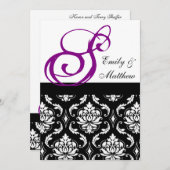 Damask Wedding Invitations Paarse Monogrammen Kaart (Voorkant / Achterkant)