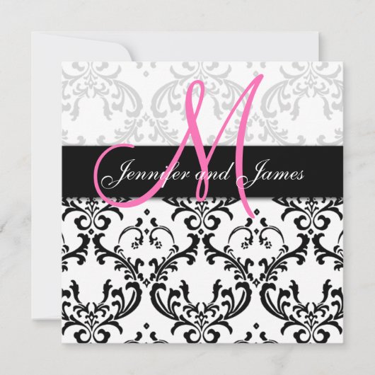 Damask Wedding Invitding Monogram Names Pink Kaart (Voorkant)