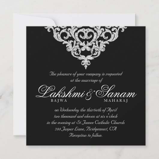 Damask Wedding Invite Diamond Sparkle Silver Lace Kaart (Voorkant)