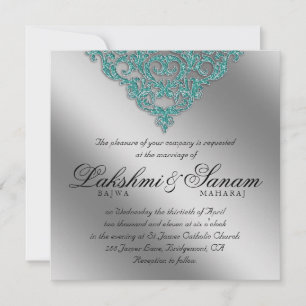 Damask Wedding Invite Sparkle Silver Blauwgroen Kaart