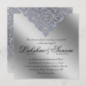 Damask Wedding Invite Sparkle Silver Lace Kaart (Voorkant / Achterkant)