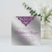 Damask Wedding Invite Sparkle Silver Paars Kaart (Staand voorkant)