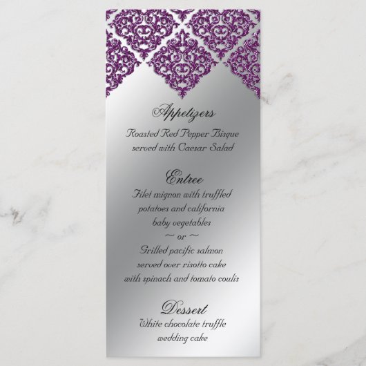 Damask Wedding Menu Kaarten Paarse Glitter Bright (Voorkant)
