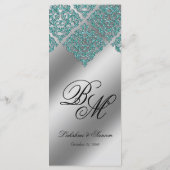 Damask Wedding Menu Kaarten Sparkle Blauwgroen Bla (Achterkant)