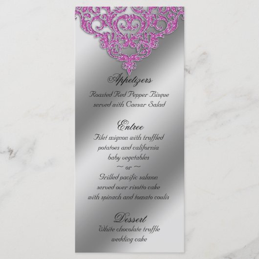 Damask Wedding Menu Kaarten Sparkle Pink (Voorkant)