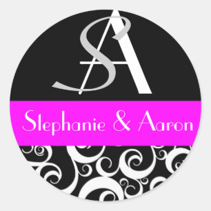 Damask Wedding Monogram in Black en Fuchsia Ronde Sticker
