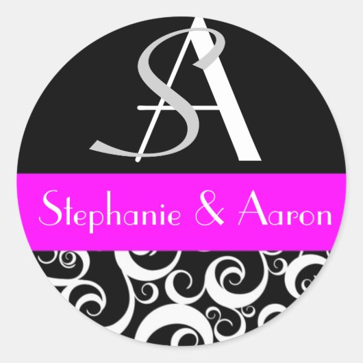 Damask Wedding Monogram in Black en Fuchsia Ronde Sticker (Voorkant)