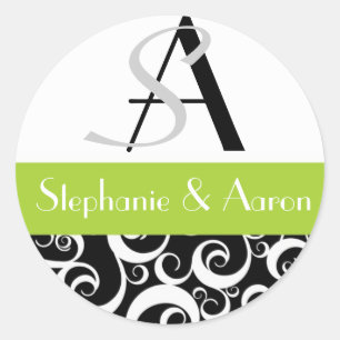 Damask Wedding Monogram in Black en Green Ronde Sticker