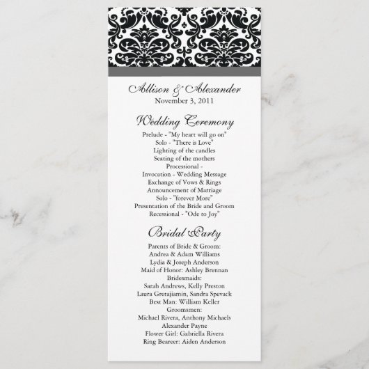 Damask Wedding Program Black & Charcoal Grey Programma (Voorkant)