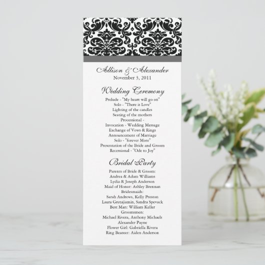Damask Wedding Program Black & Charcoal Grey Programma (Staand voorkant)