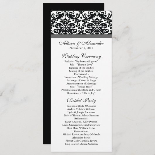 Damask Wedding Program Black & Charcoal Grey Programma (Voorkant / Achterkant)