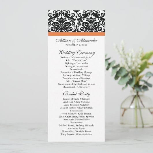 Damask Wedding Program Black & Coral Roos Programma (Staand voorkant)