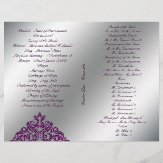 Damask Wedding Program Flyer Silver Paarse Glitter (Achterkant)