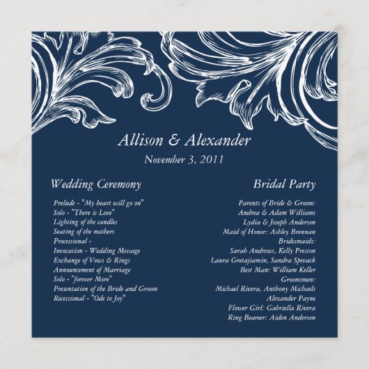  Damask Wedding Program Navy Blue & White Programma (Voorkant)