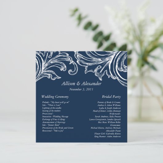 Damask Wedding Program Navy Blue & White Programma (Staand voorkant)