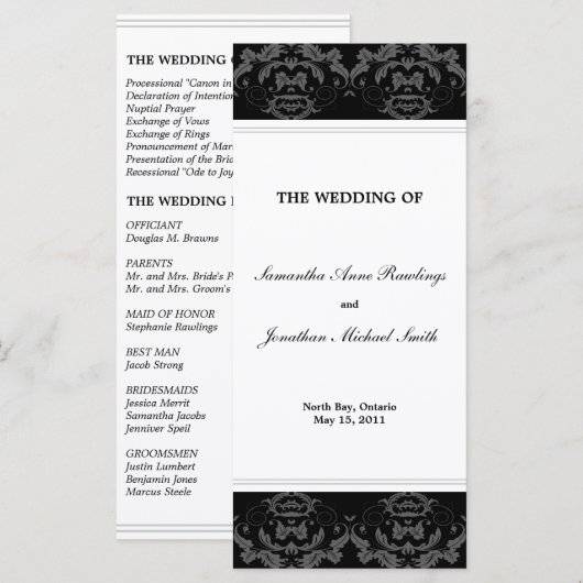 Damask Wedding Program - Zwart-wit bruiloft Programma (Voorkant / Achterkant)