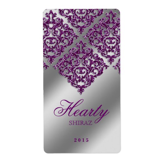 Damask Wedding Wine Label Sparkle Purple Silver (Voorkant)