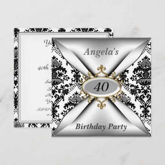 Damask White Birthday Party Celebration Invitation Kaart (Voorkant / Achterkant)