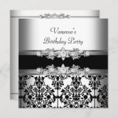 Damask White Black Birthday Party Kaart (Voorkant / Achterkant)