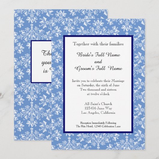Damask White op Cornflower Blue Editable Wedding Kaart (Voorkant / Achterkant)