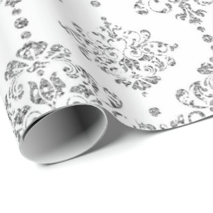 Damask White Royal Gray Silver Glitter Cadeaupapier