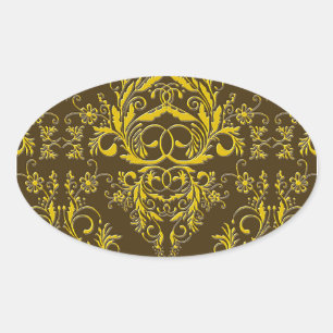 Damask Wildflower, Metaal in reliëf in Bruin & Gou Ovale Sticker