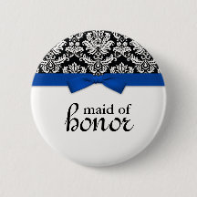 Damask with Blue Bow Maid of Honor Button