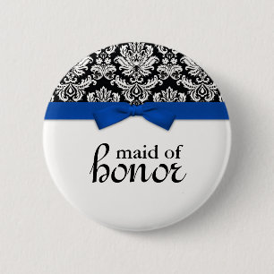 Damask with Blue Bow Maid of Honor Button