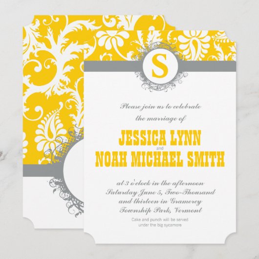Damask Yellow Gray Monogram Wedding Invite Kaart (Voorkant / Achterkant)
