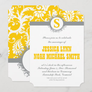 Damask Yellow Gray Monogram Wedding Invite Kaart