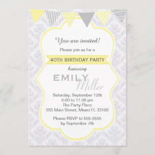 Damask Yellow Grey Adult Birthday Invitation Kaart