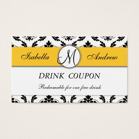Damask Yellow Mariage Carte Coupon de boisson grat (Devant)