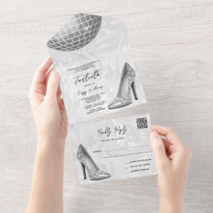 Damask, Zilveren Stiletto's & Disco Ball 40e QR CO All In One Uitnodiging