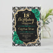 Damask Zwart Goud Groen Rozen 18e Verjaardag Kaart (Staand voorkant)