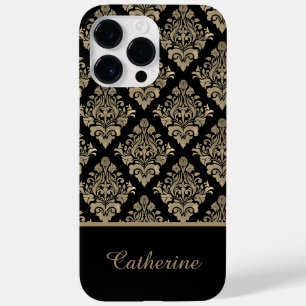 Damask Zwart Goud Swirl Gepersonaliseerde Naam Case-Mate iPhone 14 Pro Max Hoesje